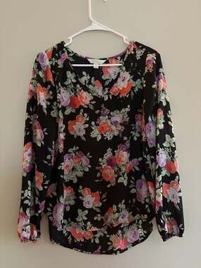 Decree Women's Black Multi Floral V-Neck Long Sleeve Chiffon Blouse Size Medium